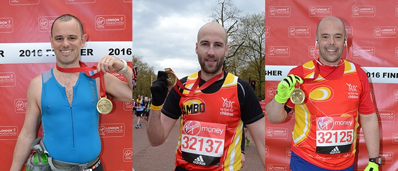 Andy Ridout, Sam Jennings and Paul Merton with their London Marathon medals