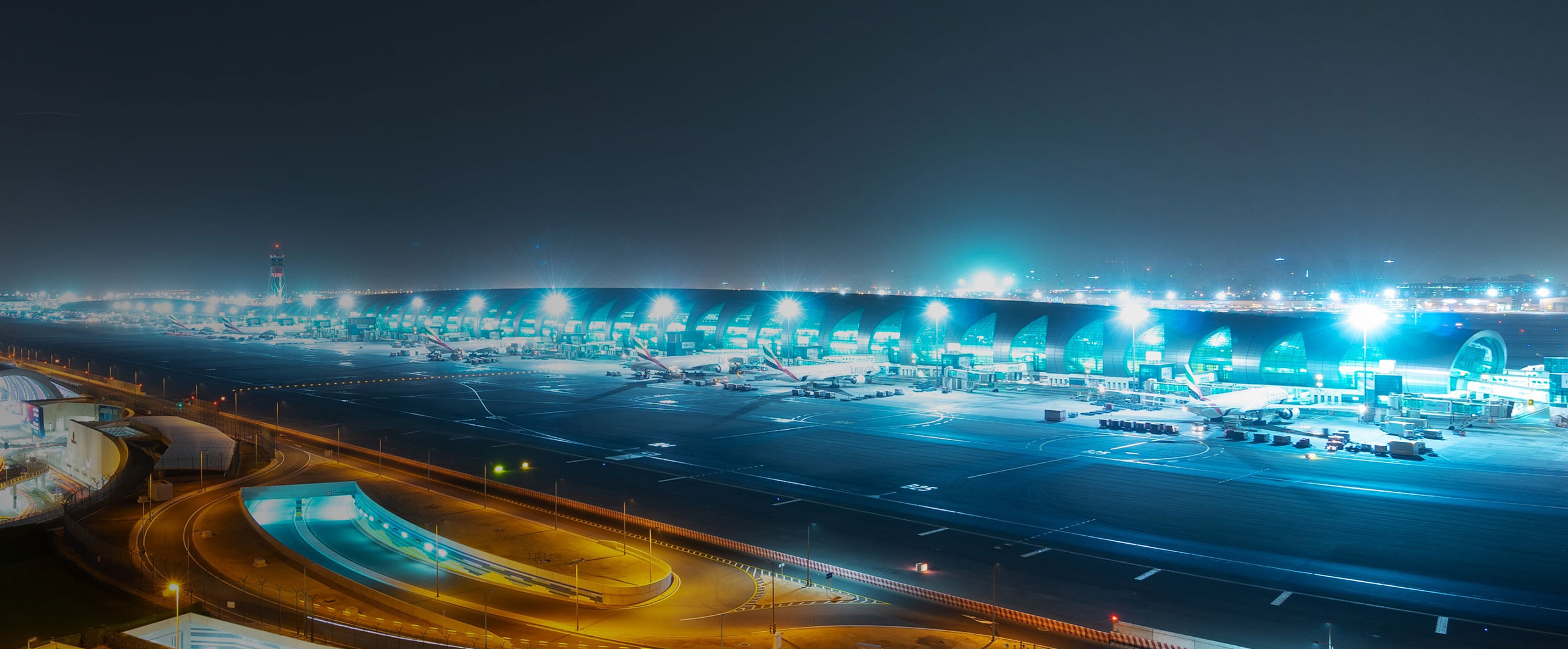 Airport runway at night